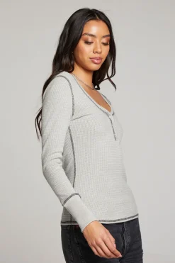 Women Chaser Brand Heather Grey Long Sleeve Henley