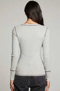 Women Chaser Brand Heather Grey Long Sleeve Henley