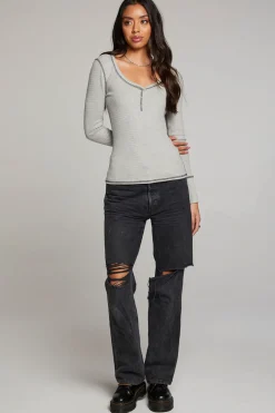 Women Chaser Brand Heather Grey Long Sleeve Henley