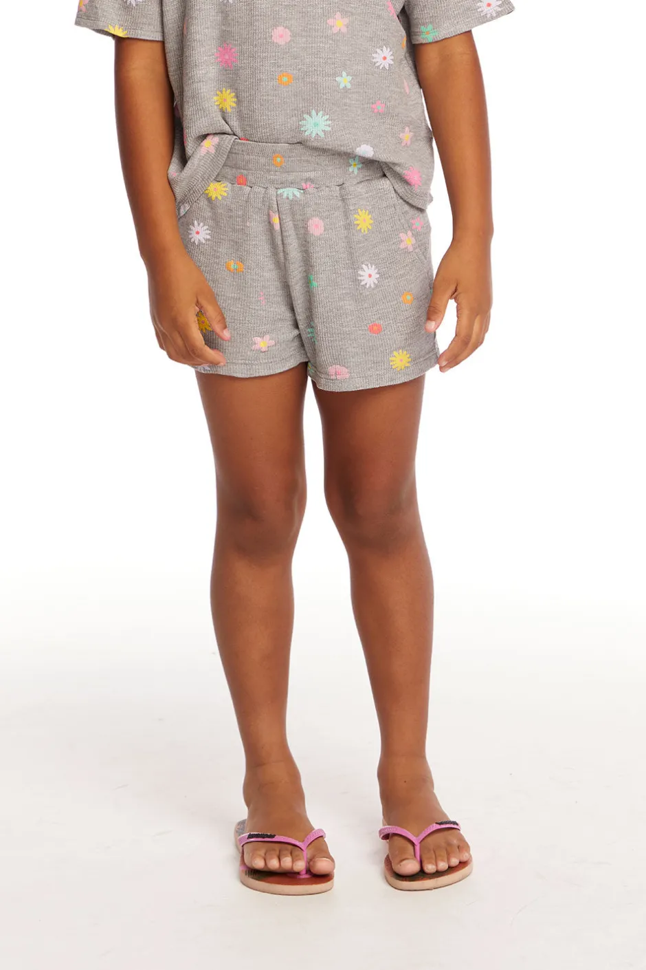 Kids Chaser Brand Jade Embroidered Flowers Waffle Knit Girls Short