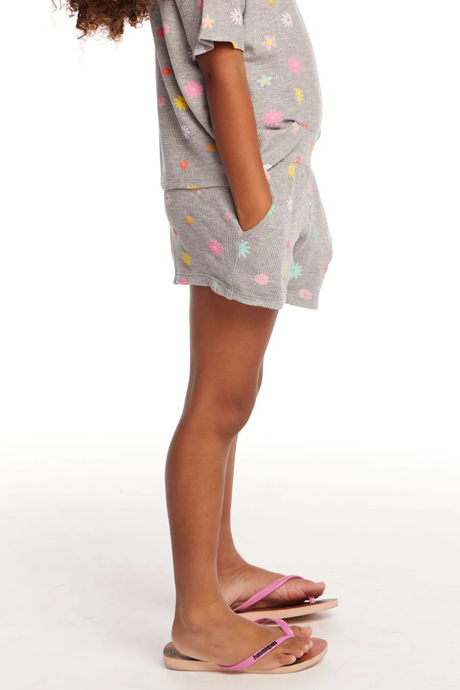 Kids Chaser Brand Jade Embroidered Flowers Waffle Knit Girls Short