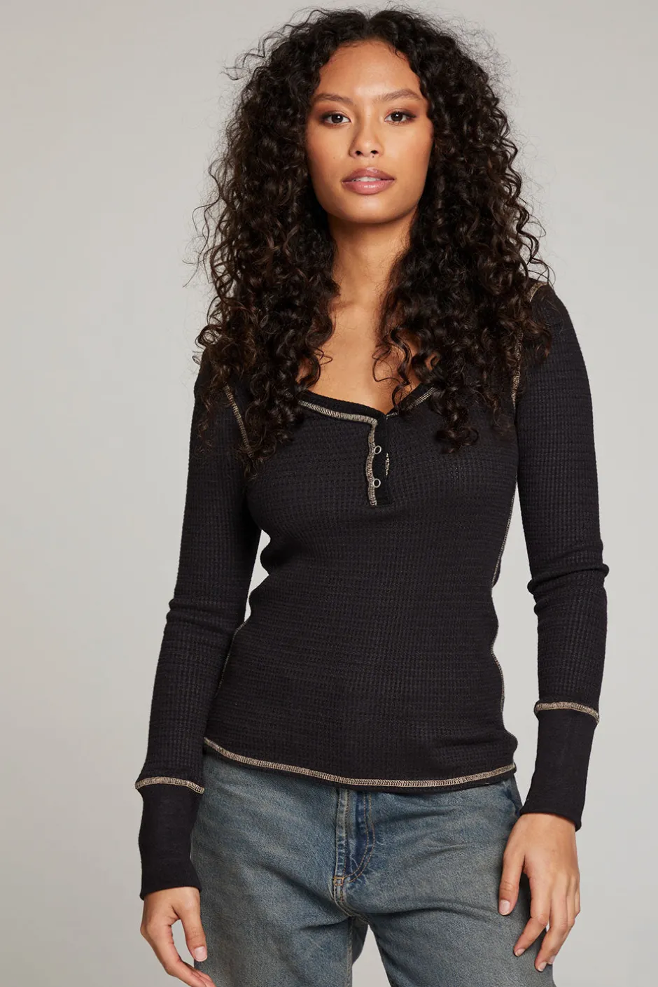 Women Chaser Brand Licorice Long Sleeve Henley
