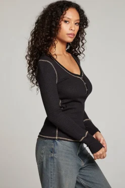 Women Chaser Brand Licorice Long Sleeve Henley