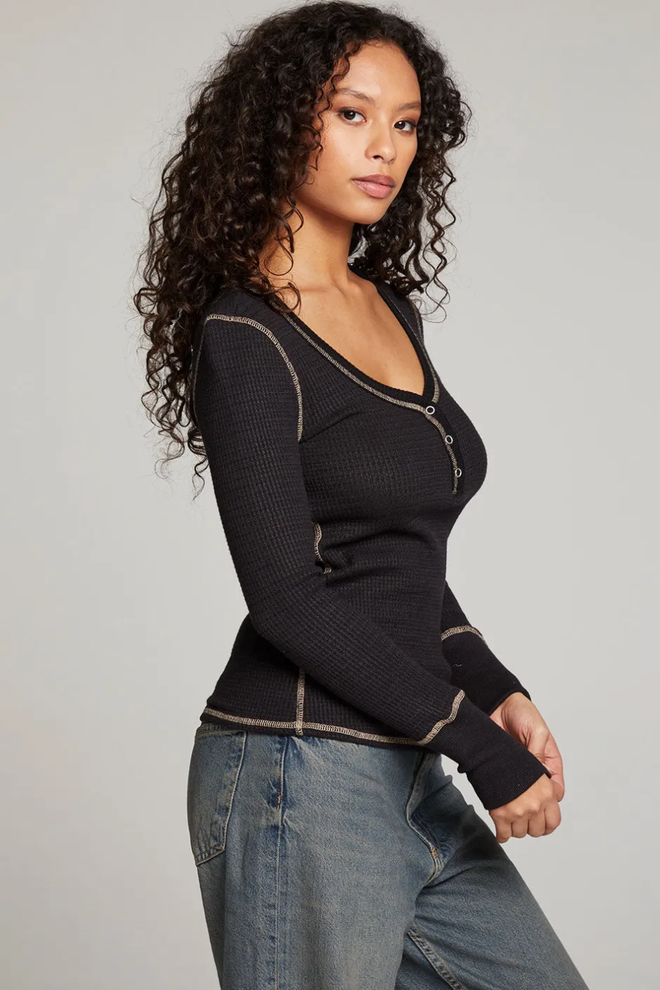 Women Chaser Brand Licorice Long Sleeve Henley
