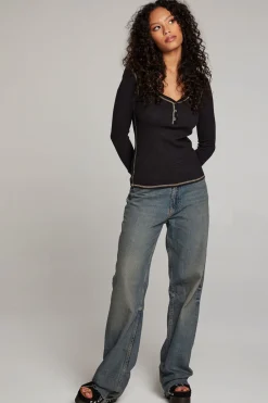 Women Chaser Brand Licorice Long Sleeve Henley