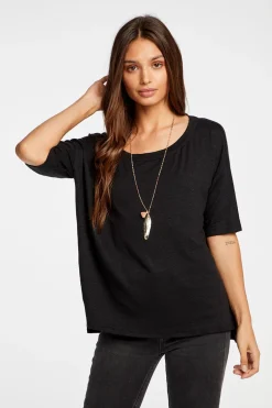 Women Chaser Brand Linen Jersey Cropped Short Sleeve Boxy Hi Lo Tee