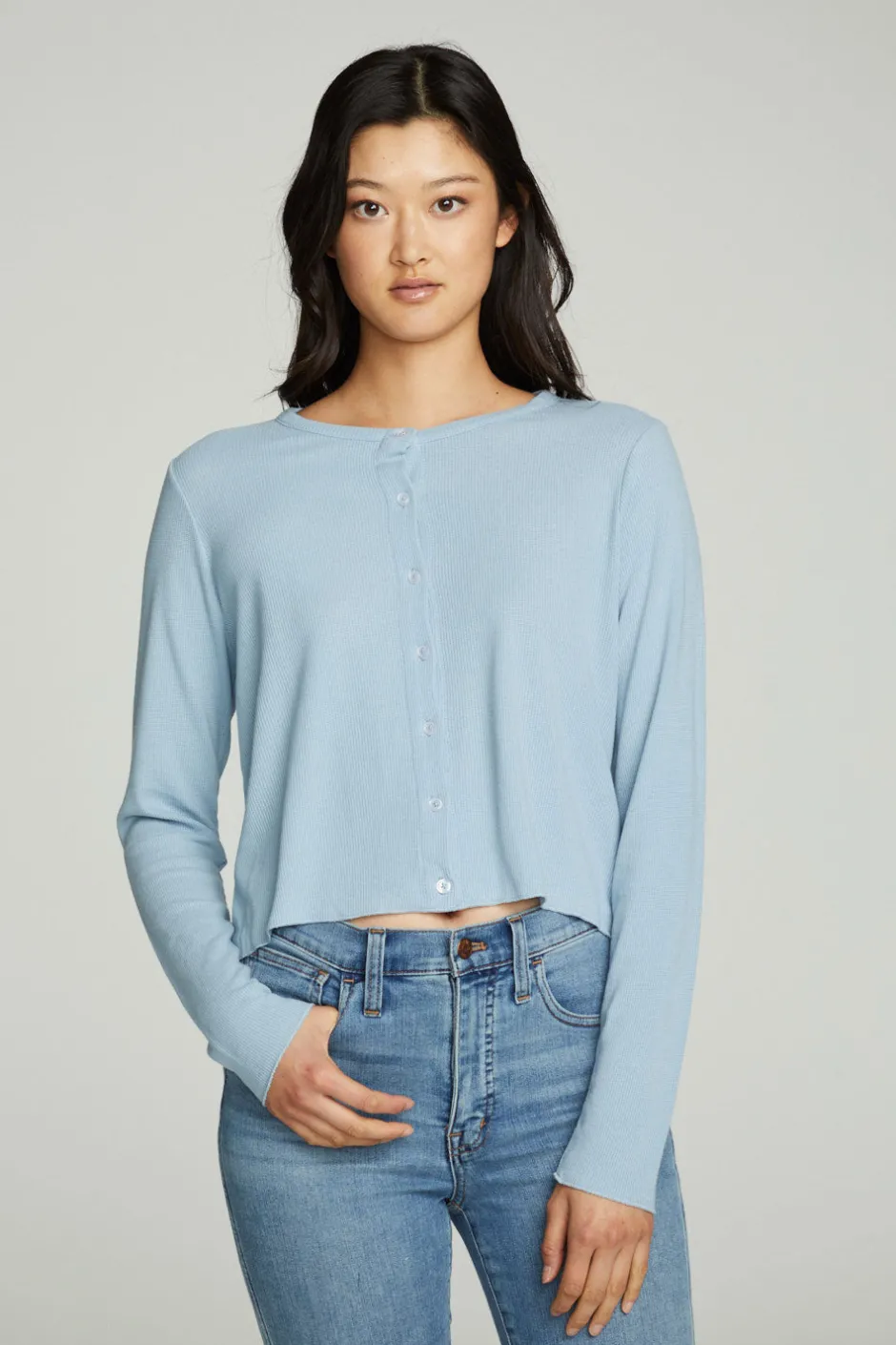 Women Chaser Brand Long Sleeve Button Down Semi Cropped Tee