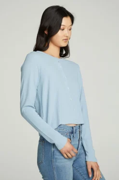 Women Chaser Brand Long Sleeve Button Down Semi Cropped Tee