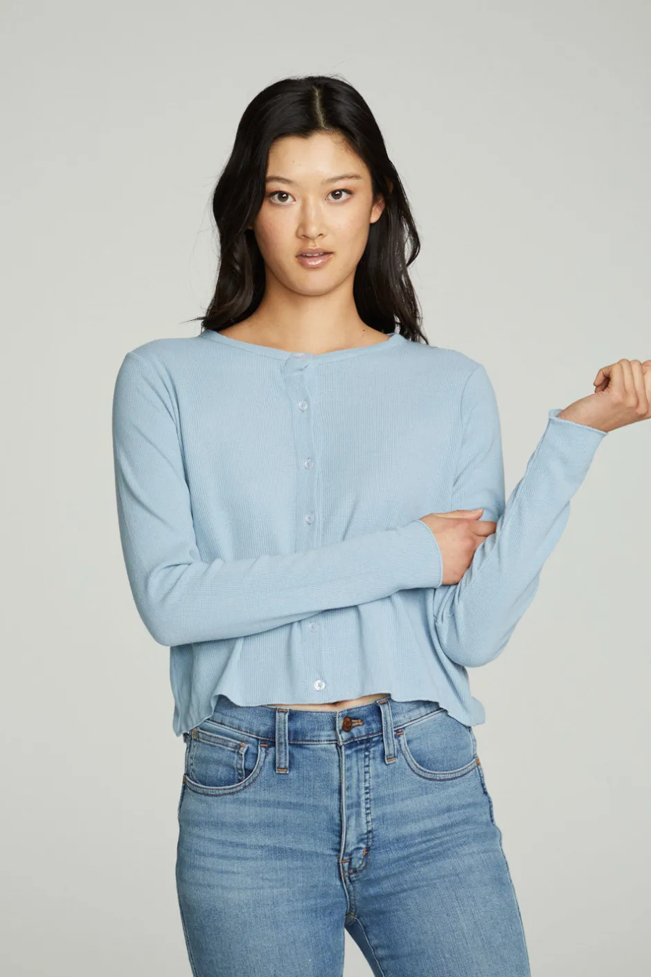 Women Chaser Brand Long Sleeve Button Down Semi Cropped Tee