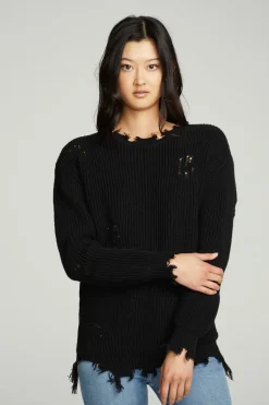 Women Chaser Brand Long Sleeve Crew Neck Deconstructed Sweater Pullover