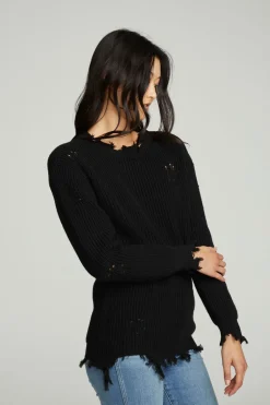 Women Chaser Brand Long Sleeve Crew Neck Deconstructed Sweater Pullover