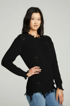 Women Chaser Brand Long Sleeve Crew Neck Deconstructed Sweater Pullover