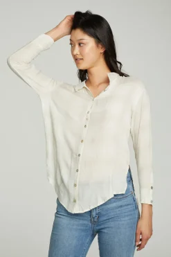 Women Chaser Brand Long Sleeve Drop Shoulder Hi Lo Button Down Shirttail Tunic