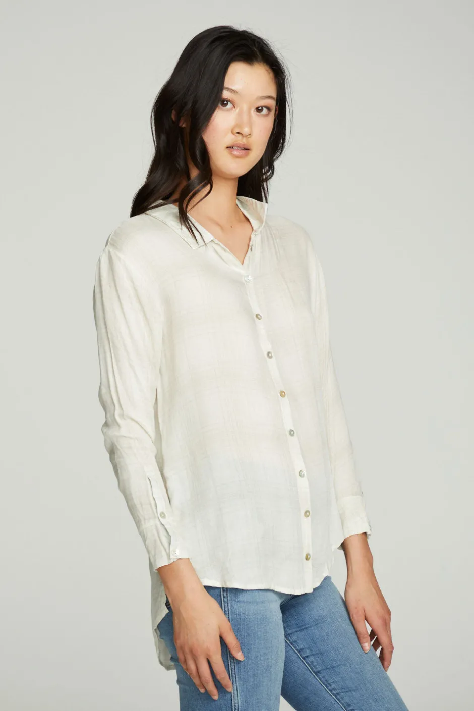 Women Chaser Brand Long Sleeve Drop Shoulder Hi Lo Button Down Shirttail Tunic