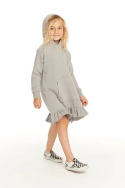 Kids Chaser Brand Long Sleeve Gravel Grey Hooded Ruffle Hem Dress