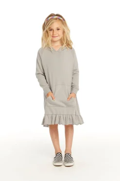 Kids Chaser Brand Long Sleeve Gravel Grey Hooded Ruffle Hem Dress