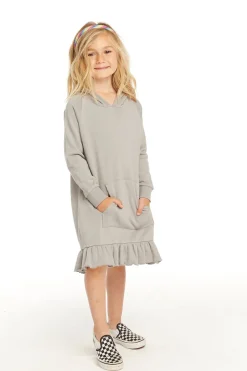 Kids Chaser Brand Long Sleeve Gravel Grey Hooded Ruffle Hem Dress