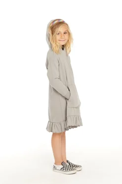Kids Chaser Brand Long Sleeve Gravel Grey Hooded Ruffle Hem Dress