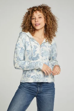 Women Chaser Brand Long Sleeve Semi Cropped Zip Front Hoodie