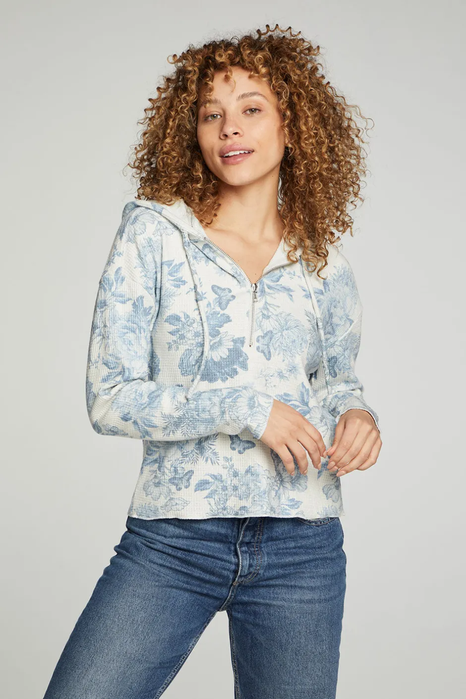 Women Chaser Brand Long Sleeve Semi Cropped Zip Front Hoodie