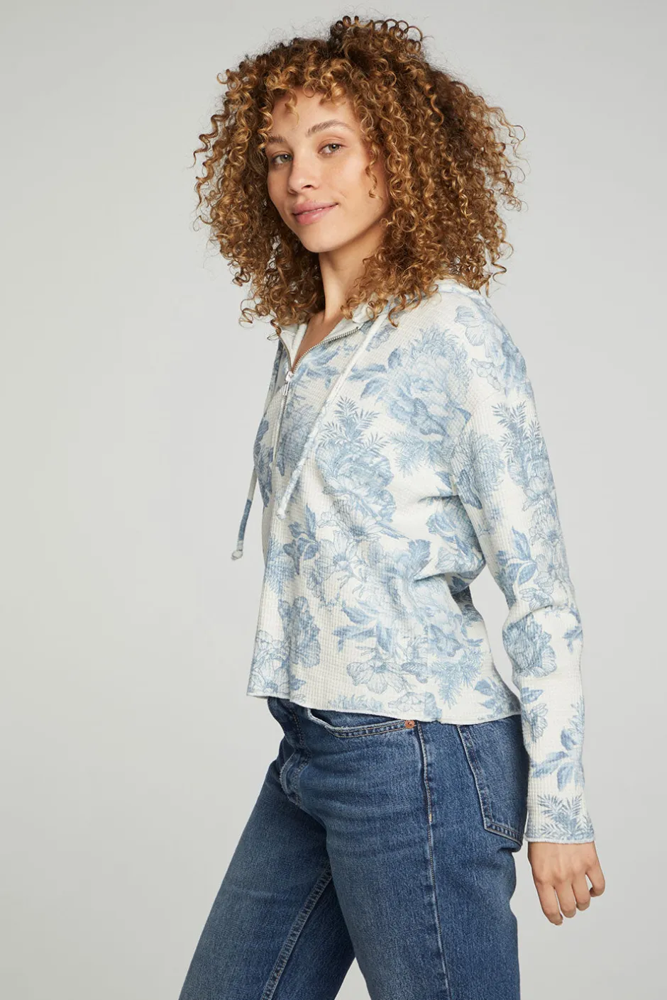 Women Chaser Brand Long Sleeve Semi Cropped Zip Front Hoodie