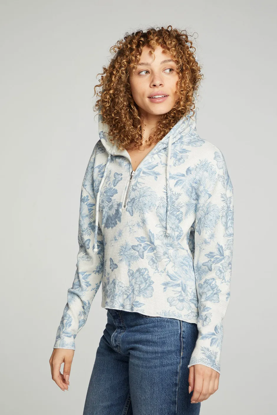 Women Chaser Brand Long Sleeve Semi Cropped Zip Front Hoodie