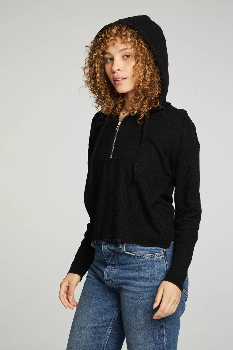 Women Chaser Brand Long Sleeve Semi Cropped Zip Front Hoodie