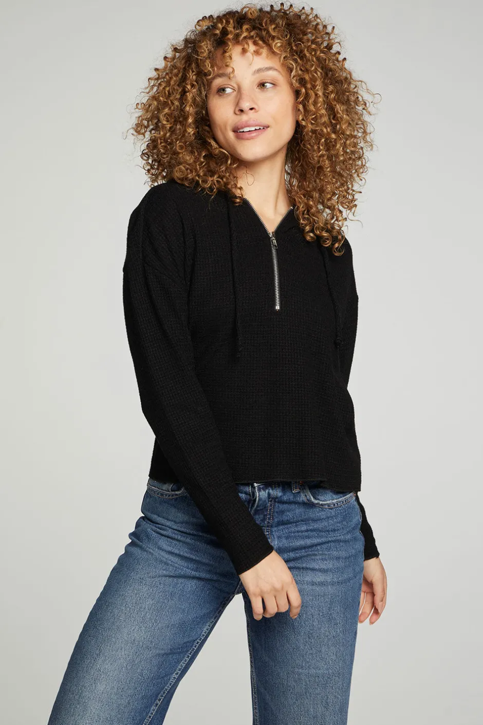 Women Chaser Brand Long Sleeve Semi Cropped Zip Front Hoodie