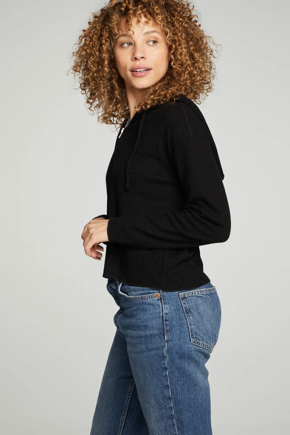 Women Chaser Brand Long Sleeve Semi Cropped Zip Front Hoodie
