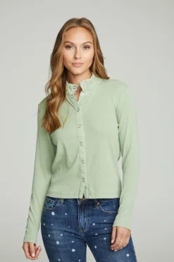 Women Chaser Brand Long Sleeve Snap Front Mock Neck Tee