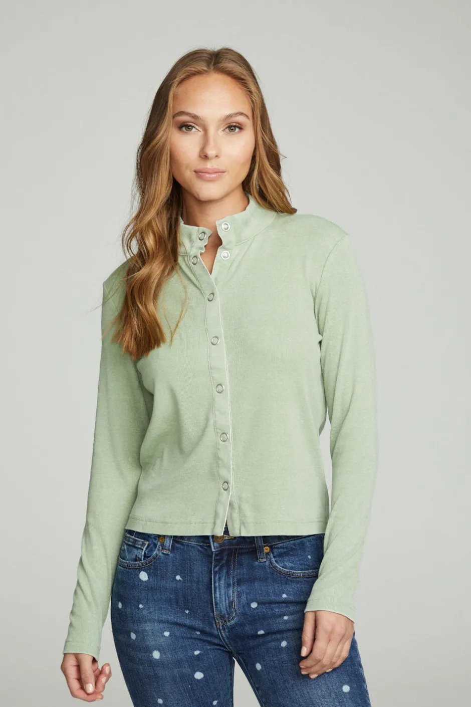 Women Chaser Brand Long Sleeve Snap Front Mock Neck Tee
