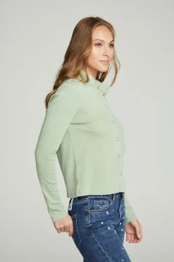 Women Chaser Brand Long Sleeve Snap Front Mock Neck Tee