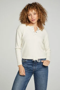 Women Chaser Brand Long Sleeve Snap Henley Drawstring Waist Tee