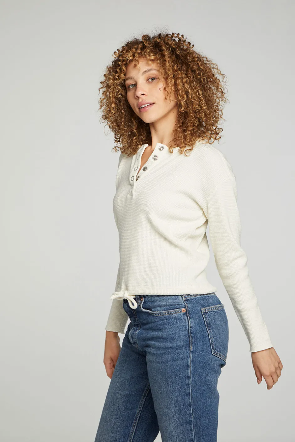 Women Chaser Brand Long Sleeve Snap Henley Drawstring Waist Tee