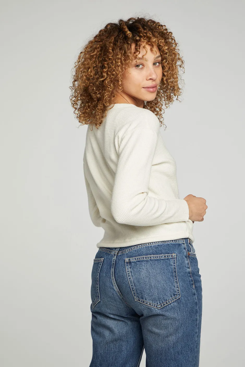 Women Chaser Brand Long Sleeve Snap Henley Drawstring Waist Tee