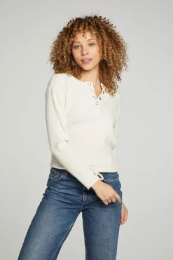 Women Chaser Brand Long Sleeve Snap Henley Drawstring Waist Tee