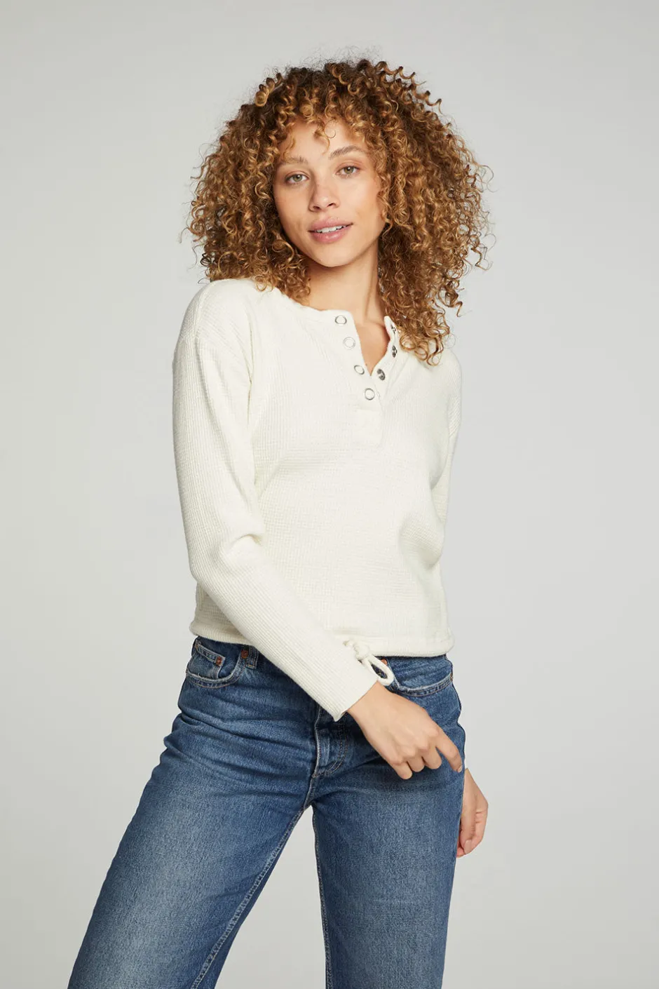 Women Chaser Brand Long Sleeve Snap Henley Drawstring Waist Tee