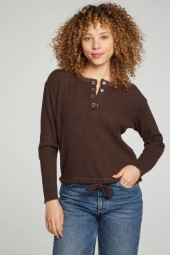 Women Chaser Brand Long Sleeve Snap Henley Drawstring Waist Tee