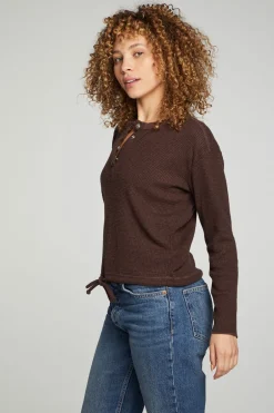 Women Chaser Brand Long Sleeve Snap Henley Drawstring Waist Tee