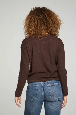 Women Chaser Brand Long Sleeve Snap Henley Drawstring Waist Tee