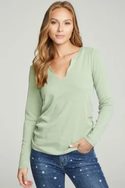 Women Chaser Brand Long Sleeve Split Neck Rouched Side Tee