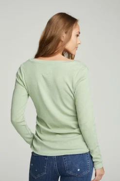 Women Chaser Brand Long Sleeve Split Neck Rouched Side Tee