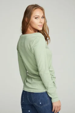 Women Chaser Brand Long Sleeve Split Neck Rouched Side Tee