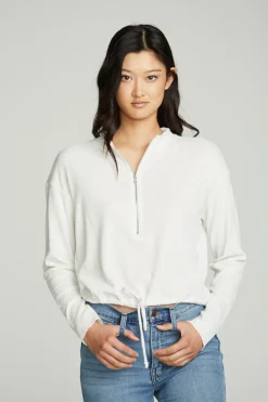 Women Chaser Brand Long Sleeve Zipper Mock Neck Semi Cropped Tee