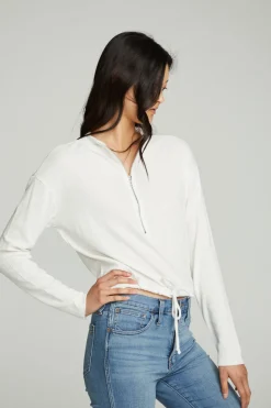 Women Chaser Brand Long Sleeve Zipper Mock Neck Semi Cropped Tee