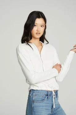 Women Chaser Brand Long Sleeve Zipper Mock Neck Semi Cropped Tee