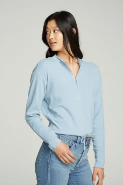 Women Chaser Brand Long Sleeve Zipper Mock Neck Semi Cropped Tee