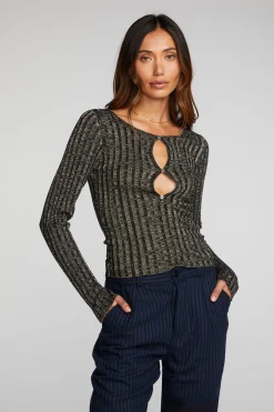 Women Chaser Brand Lurex Rib Knit Long Sleeve Top With Open Keyhole
