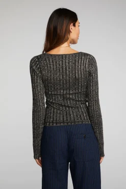 Women Chaser Brand Lurex Rib Knit Long Sleeve Top With Open Keyhole