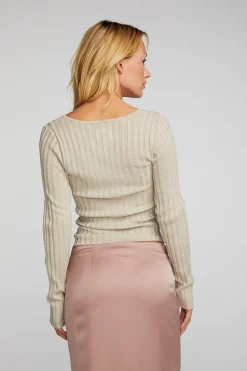Women Chaser Brand Lurex Rib Knit Long Sleeve Top With Open Keyhole